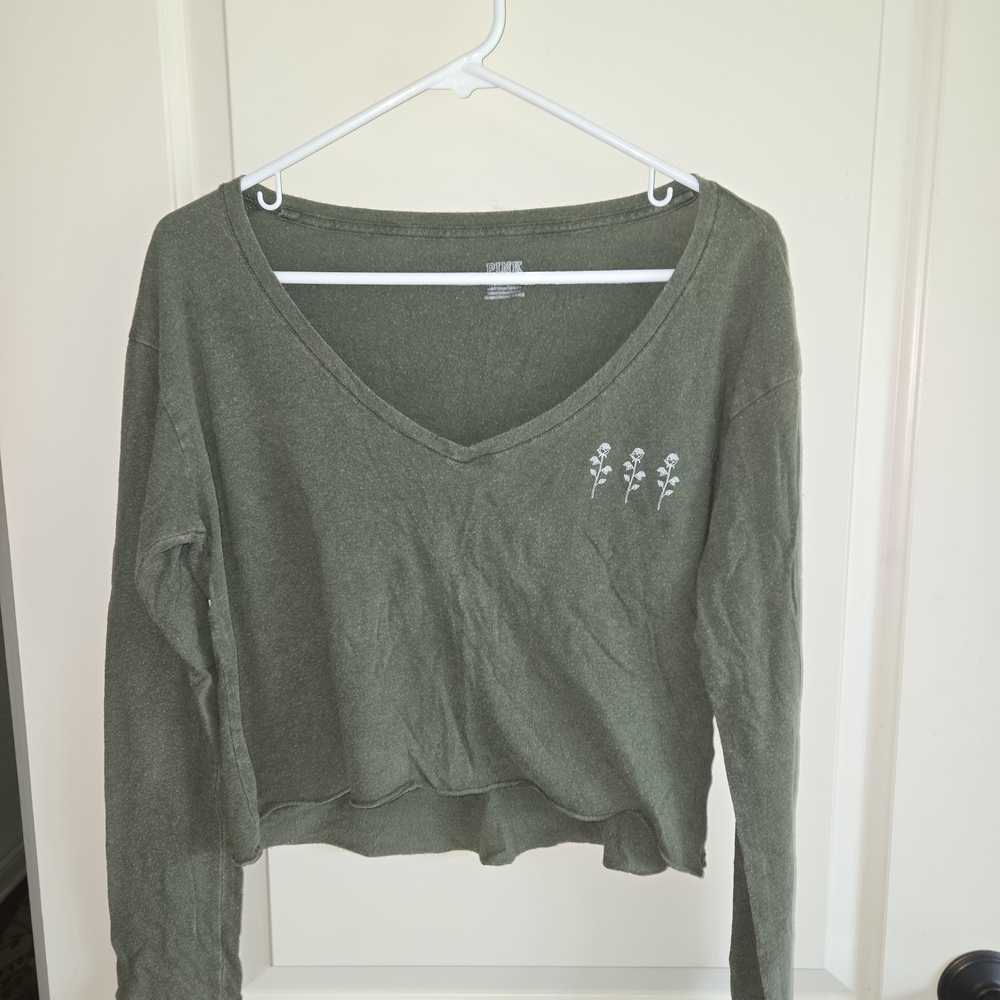PINK Victoria's Secret Green Long Sleeve Crop Blouse
